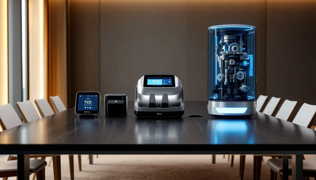 A collection of top rated money counting machines of 2025 displayed on a table.