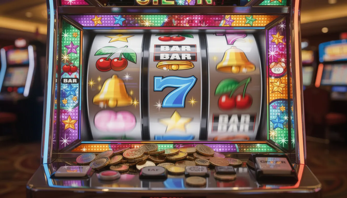 En färgglad spelautomat med snurrande hjul och ljusa symboler, som representerar spänningen i casinospel. Denna bild fångar den livliga atmosfären av en slotmaskin, där spelare kan vinna free spins och uppleva underhållning med populära spel som "Book of Dead".