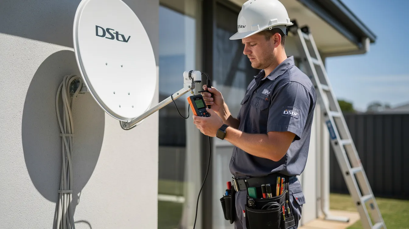 A technician is using signal testing equipment to ensure optimal signal reception during a DStv dish installation. The technician is adjusting the satellite dish for proper alignment, surrounded by tools and cables necessary for the installation process.