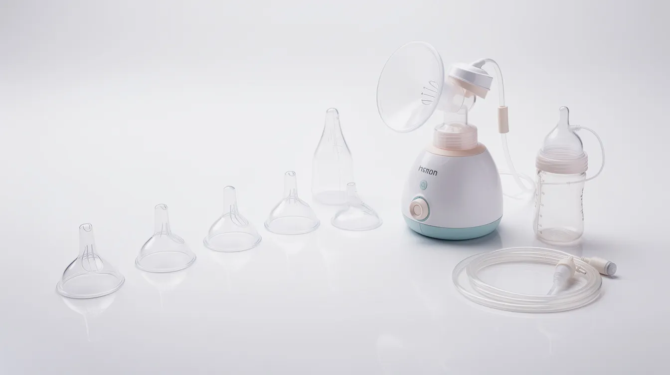 The image features a breast pump accompanied by various sized flanges arranged neatly on a clean surface, highlighting the importance of selecting the right flange size for different nipple shapes, including flat or inverted nipples. This setup emphasizes the role of proper equipment in supporting breastfeeding and maintaining milk supply.