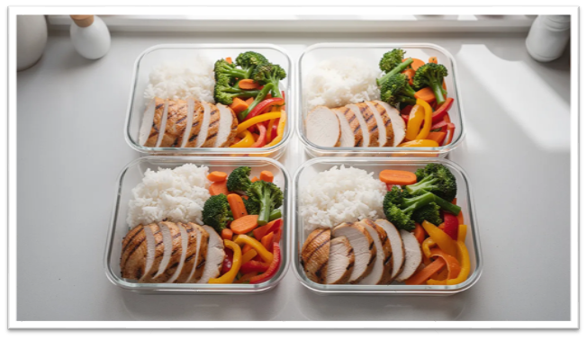 The image shows meal prep containers neatly arranged on a kitchen counter, each filled with weighed portions of chicken, rice, and vegetables. A digital kitchen scale is visible nearby, displaying accurate measurements to help home cooks portion their meals effectively.