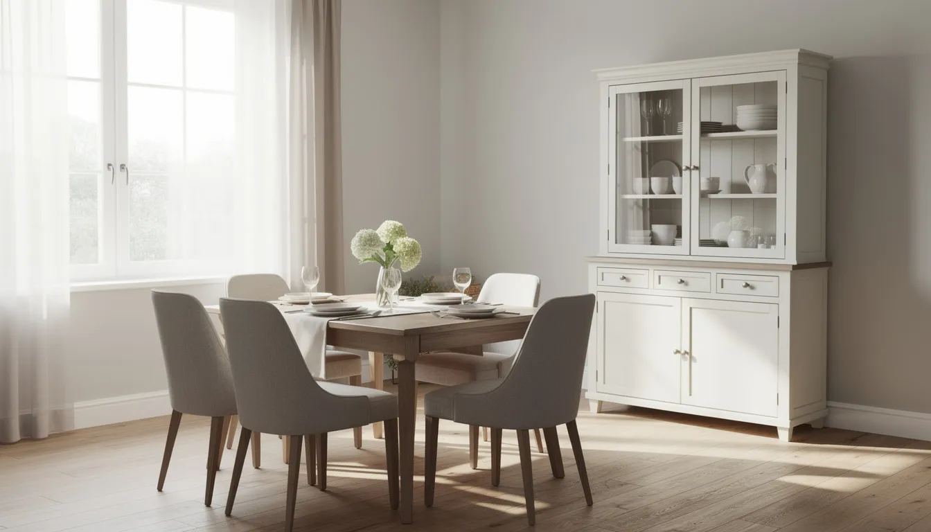 Een rustige eetkamer met een gedekte eettafel en comfortabele stoelen, omringd door neutrale kleuren en veel daglicht. Tegen de muur staat een stijlvolle buffetkast met glazen deuren, perfect voor het opbergen van servies en andere spullen.