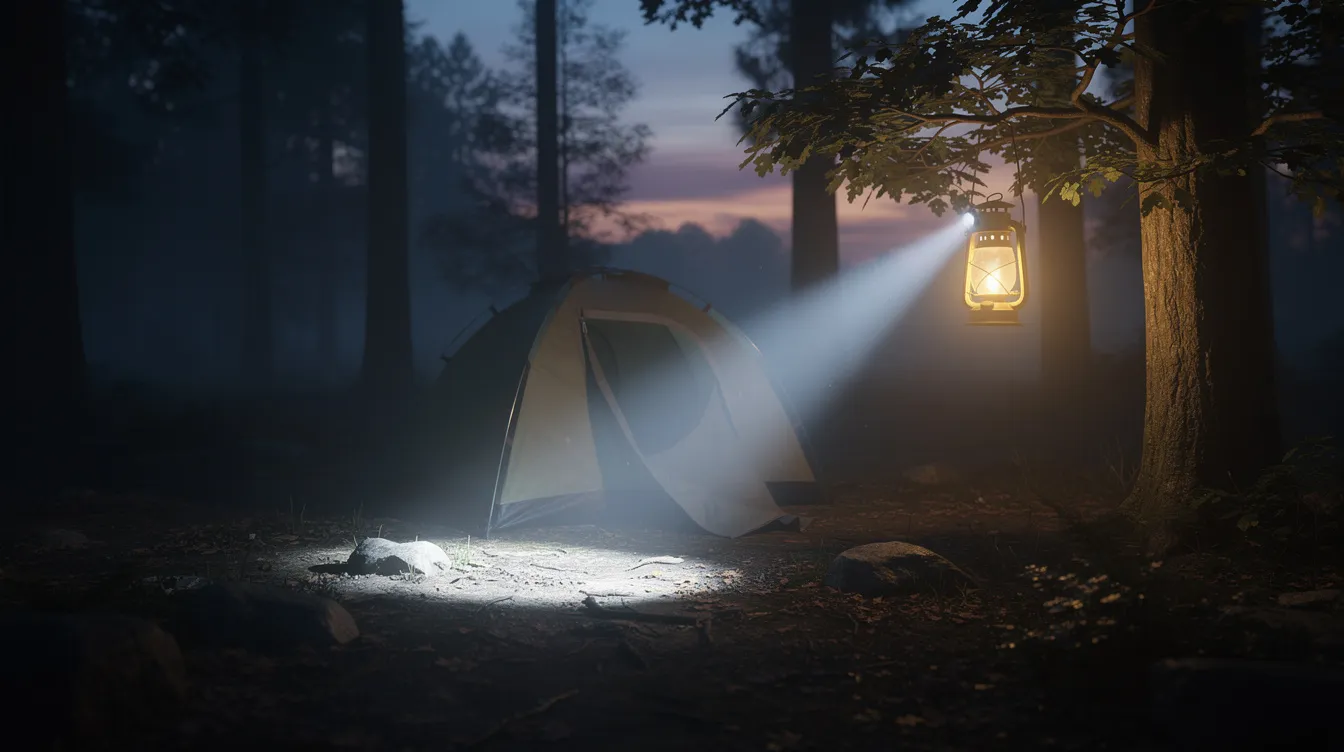 A headlamp beam brightly illuminates a tent area at dusk, creating a cozy campsite atmosphere, while a glowing lantern hangs from a nearby tree branch. This scene captures essential camping gear for a perfect camping trip, highlighting the importance of light and ambiance in the great outdoors.