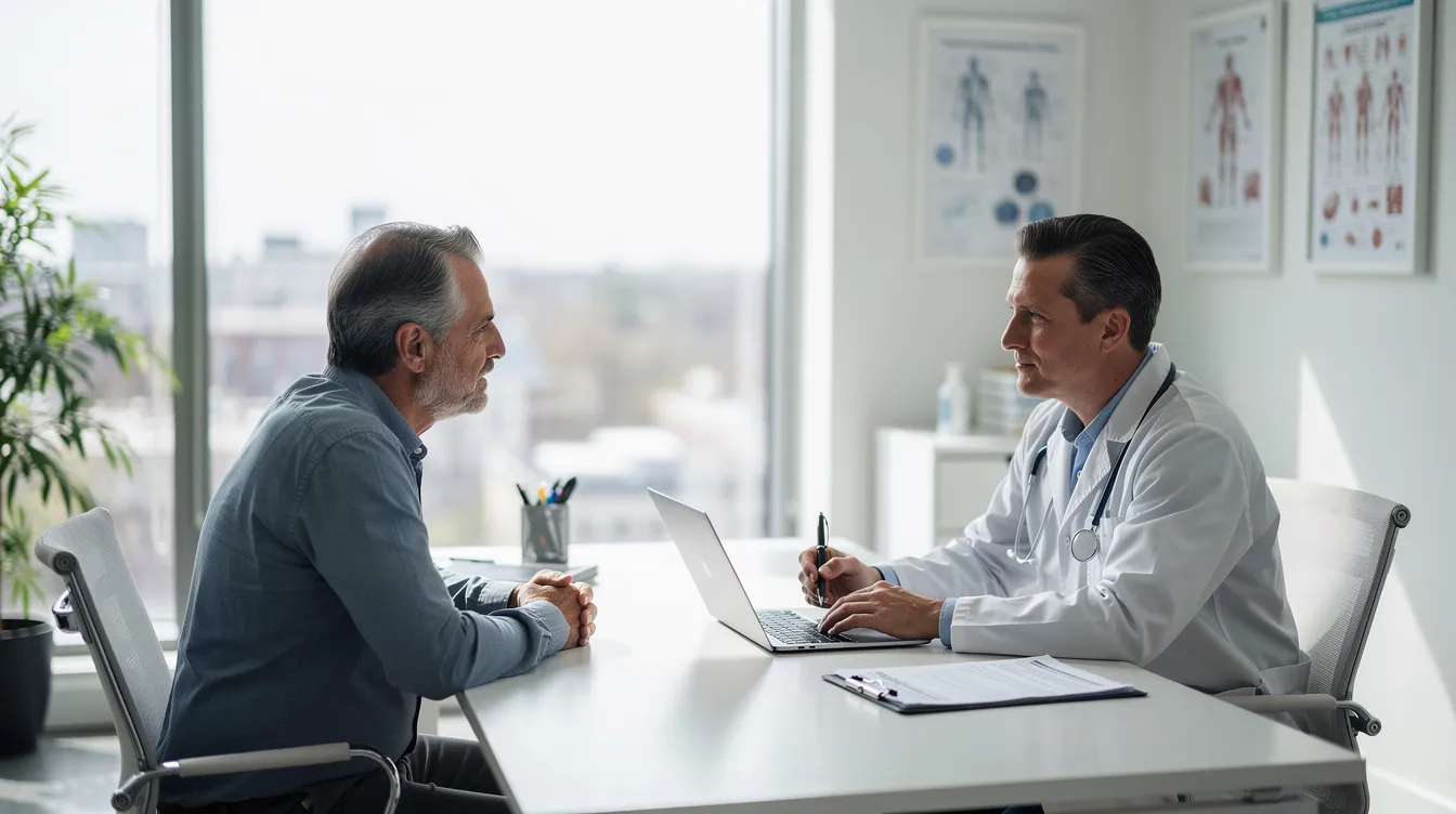 The image shows a patient and a doctor sitting across from each other at a consultation desk in a bright, modern medical office, discussing options for a non surgical rhinoplasty procedure. The professional atmosphere suggests a focus on aesthetic goals and the various benefits of non invasive treatments like dermal fillers.