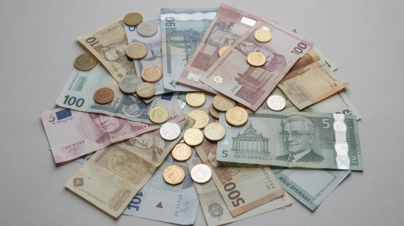 The image features a collection of various international banknotes and coins spread across a surface, showcasing different currencies from around the world, symbolizing the concept of international money transfers and currency conversion. This visual representation highlights the diversity of payment methods used for online payments and international transactions.