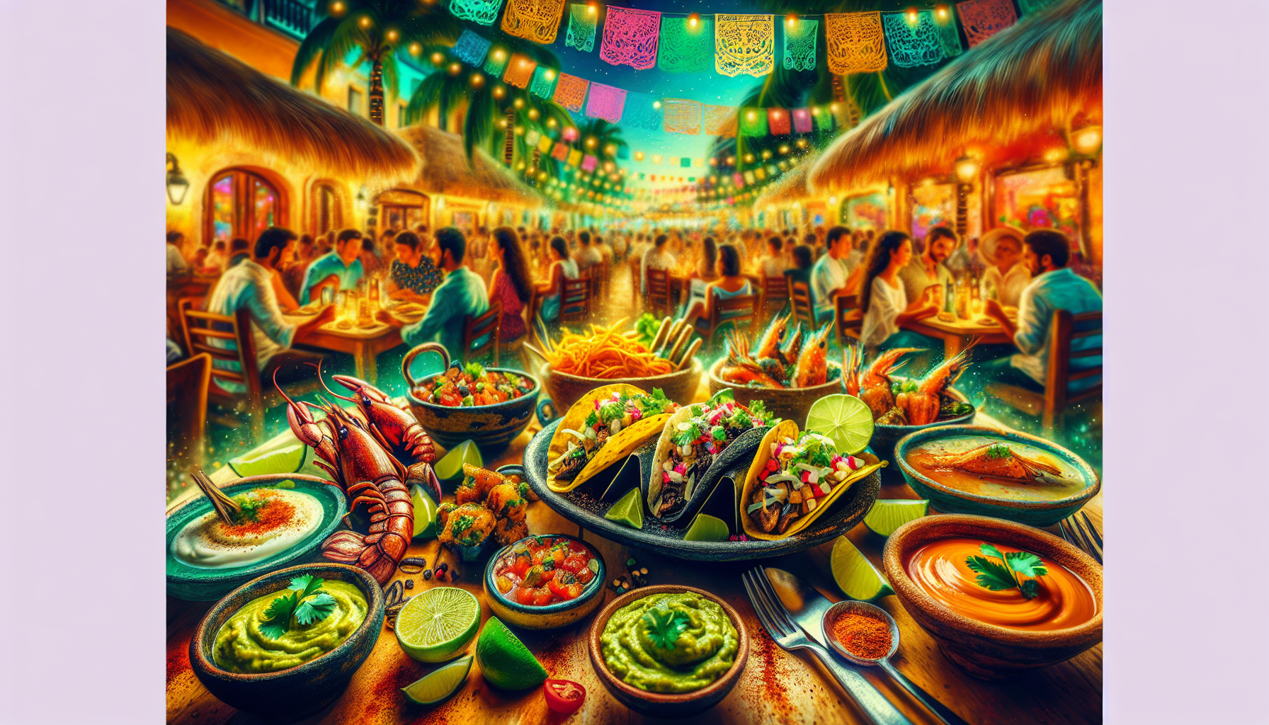 A vibrant illustration of authentic Mexican cuisine showcasing tacos, fresh seafood, and colorful dishes, representing the best restaurants in Playa del Carmen.