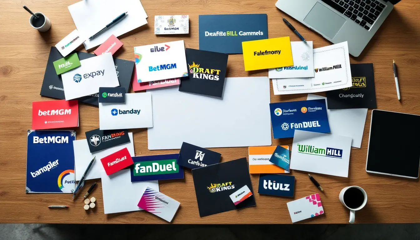 The image shows a cluttered desk featuring various logos of advertising platforms related to gambling, including icons representing online casinos, social casino games, and sports betting. This setup highlights the diverse channels available for running gambling ads while emphasizing the importance of adhering to responsible gambling messages and local regulations.