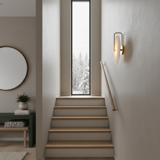 Scandinavian wall sconce with an amber glass shade lighting a Nordic-style stairwell.