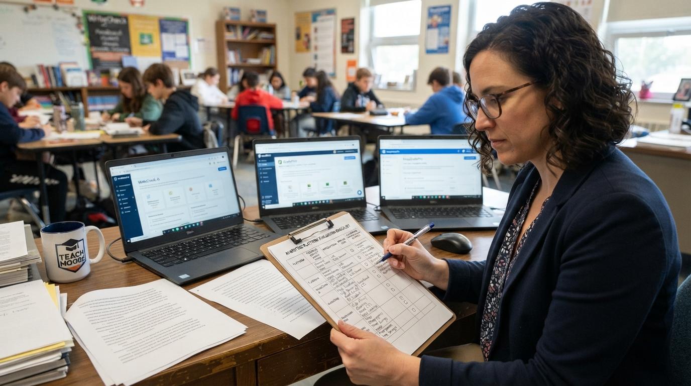 Educator comparing multiple AI writing assessment platforms using a structured evaluation checklist with feedback quality, integrations, pricing, and classroom performance metrics