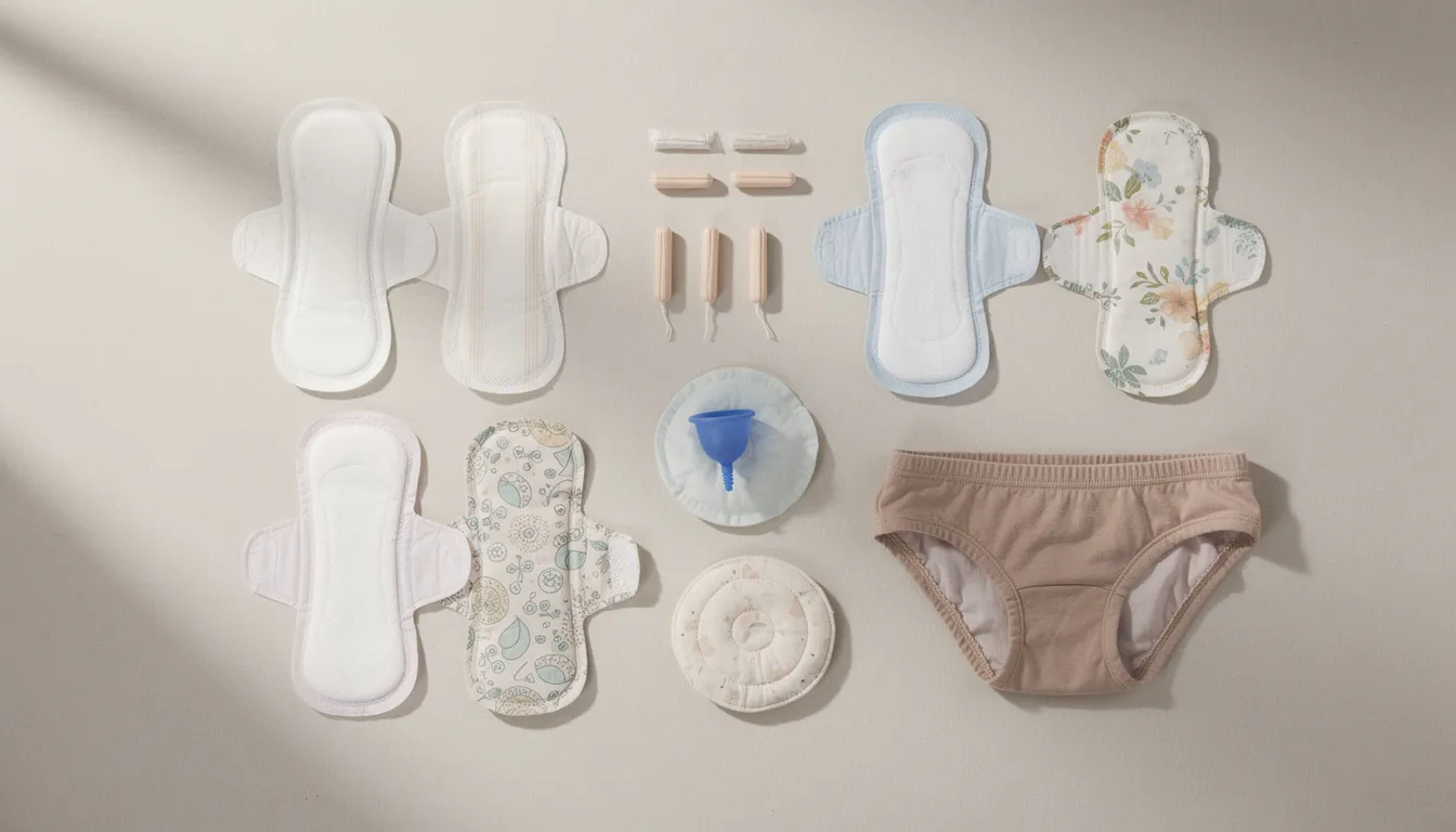 L'image montre différentes protections menstruelles, telles que des serviettes, des tampons, et des coupes menstruelles, soigneusement disposées sur une surface claire. Ces produits sont essentiels pour les femmes durant leur cycle menstruel, notamment en cas de règles irrégulières ou de menstruations fréquentes, comme avoir ses règles deux fois par mois.