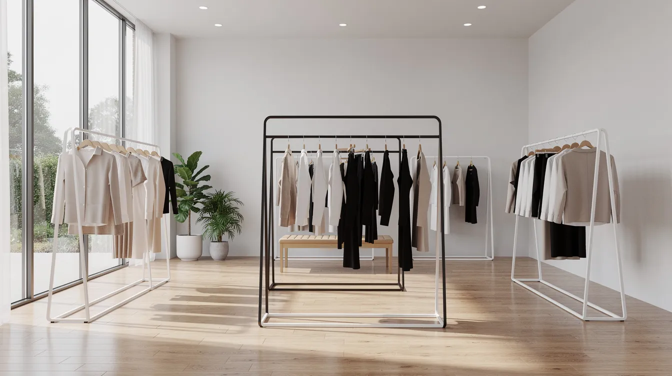 In een lichte winkelruimte zijn moderne kledingrekken opgesteld, gevuld met diverse mode-items gericht op jongeren. Deze stijlvolle omgeving weerspiegelt de innovatieve aanpak van de mode-industrie, zoals die wordt gepromoot door Roland Kahn en zijn uitstekende retailmerken.