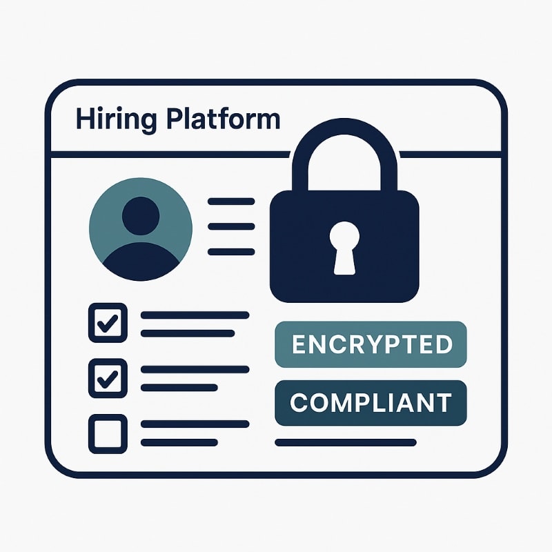 Flat-style illustration of a hiring platform dashboard featuring a large padlock icon overlaying a candidate profile. Checklist items appear on the left, and two teal badges labeled “ENCRYPTED” and “COMPLIANT” are displayed prominently. Design uses navy, teal, and white tones to convey trust, security, and HR compliance.