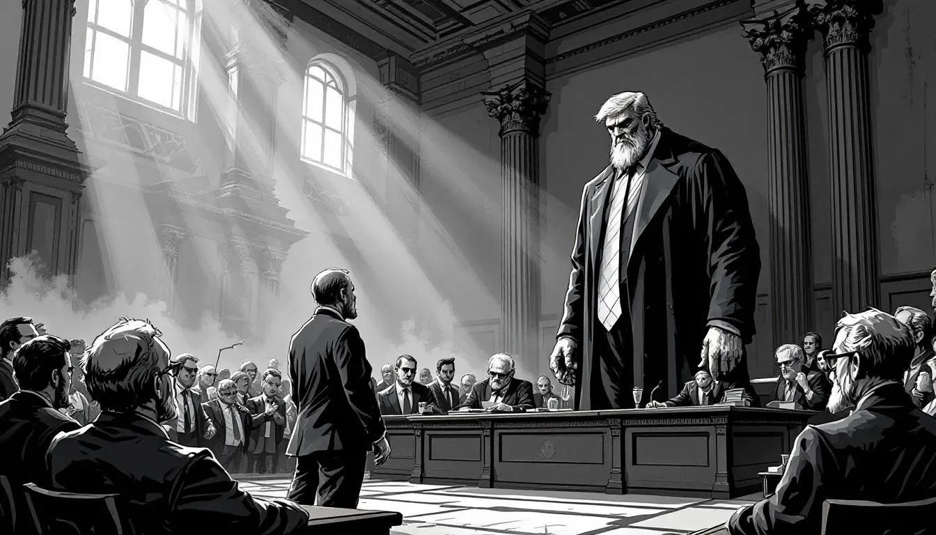 A courtroom scene depicting legal consequences of violating constitutional restraints.