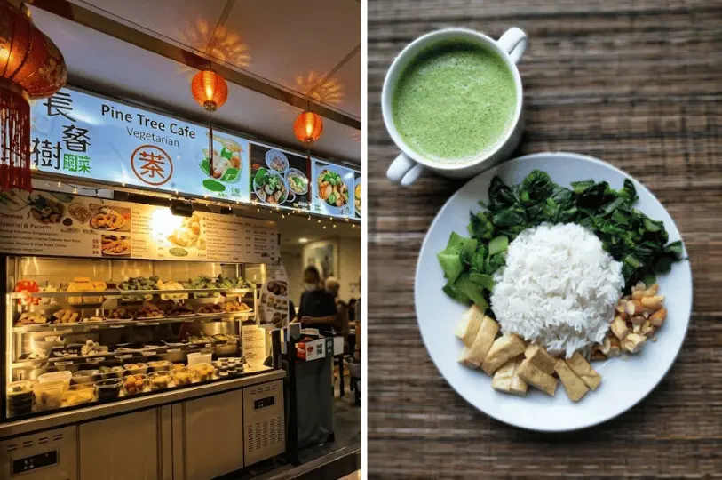 A split view featuring the Pine Tree Cafe vegetarian stall with its display of various plant-based dishes on the left, alongside an overhead shot of a healthy vegetarian meal consisting of rice, green vegetables, tofu, and a vibrant green soup on the right.