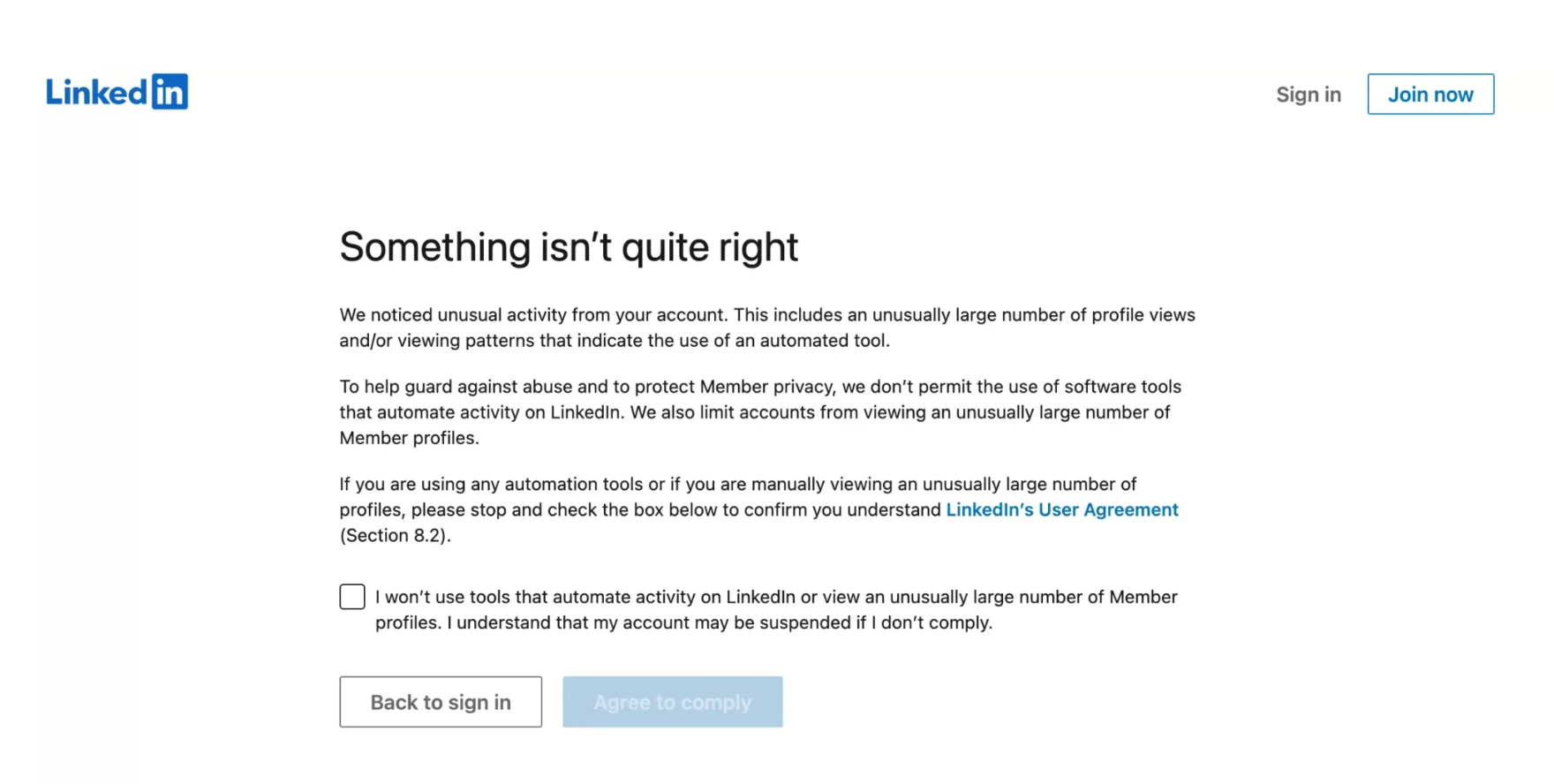 LinkedIn automation warning