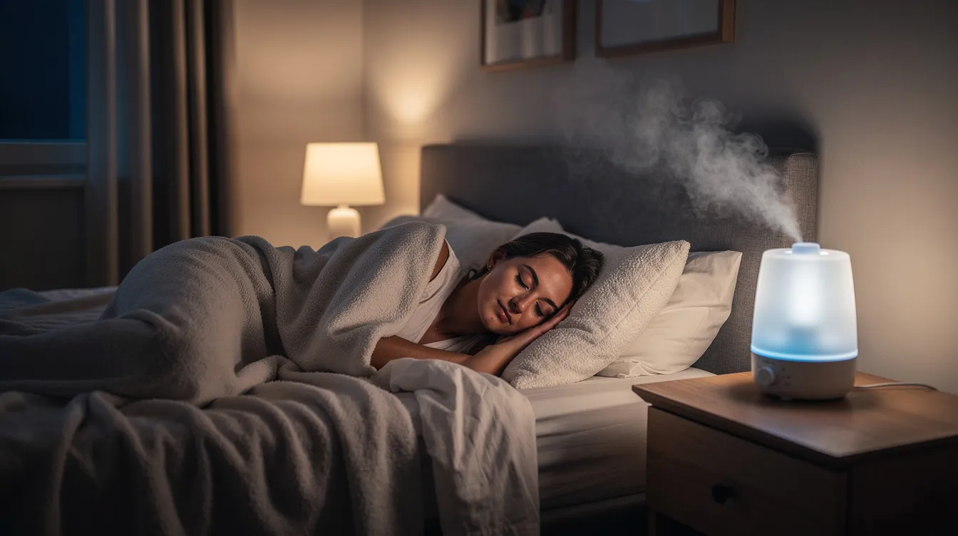 The image depicts a person sleeping peacefully in a dimly lit bedroom, with a humidifier on the nightstand, creating a soothing environment that may help alleviate cold and flu symptoms. The gentle ambiance suggests a restful atmosphere, ideal for recovery from common illnesses like the cold or flu.