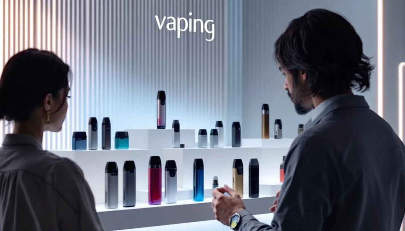 A person selecting a pod ecig from a display, focusing on the variety available.