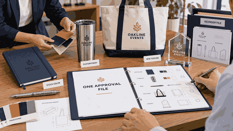 Corporate gifting supplier coordinating multiple branded products, customization levels, specifications, and repeat-order files under one approval process.