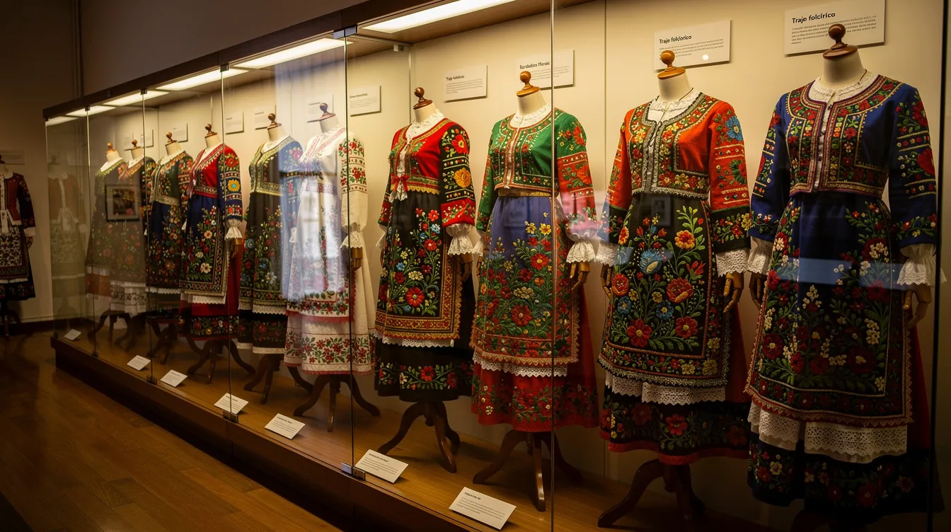 A imagem apresenta trajes folclóricos coloridos, adornados com bordados florais, dispostos em um museu tradicional da Polônia. Esses trajes refletem a rica cultura e história do país, especialmente em regiões como Varsóvia, onde a tradição e a modernidade se encontram.