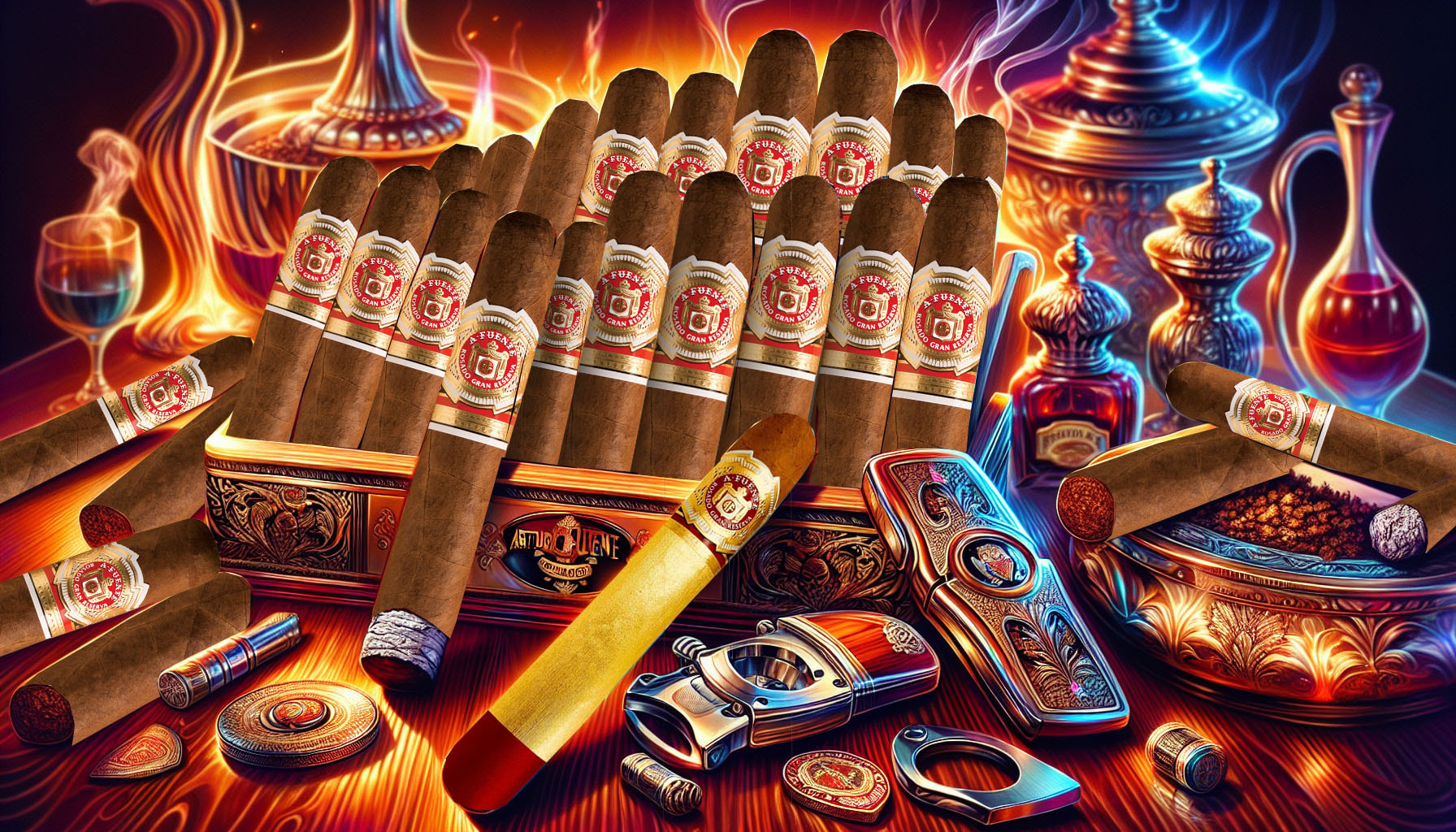 An artistic representation of various Arturo Fuente cigars including the Magnum R.