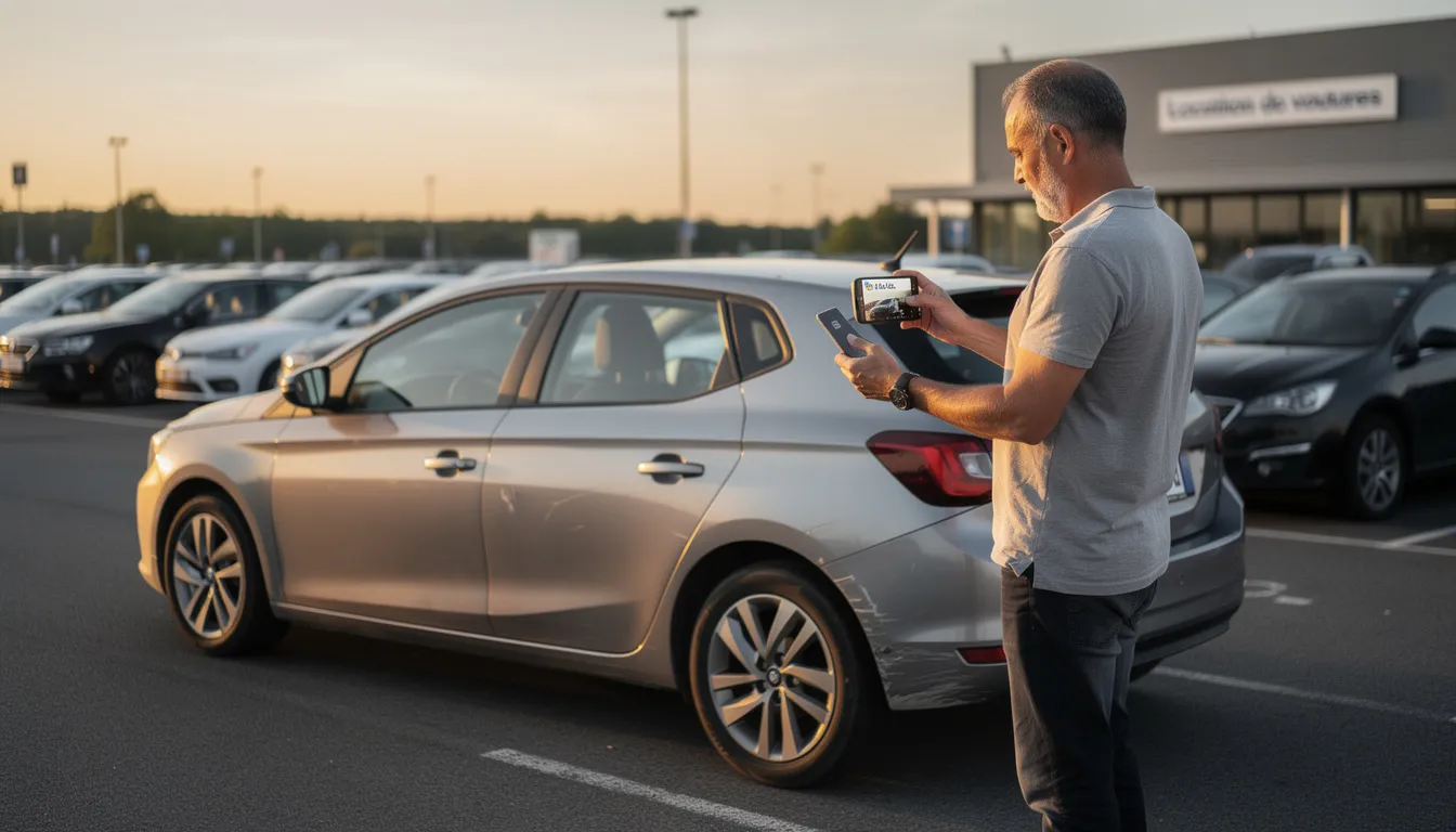 Un conducteur prend une photo de l'état d'un véhicule de location avant le départ, vérifiant ainsi les éventuels dommages. Cette étape est essentielle lors de la prise en charge d'une voiture de location pour éviter des surprises lors de la restitution.
