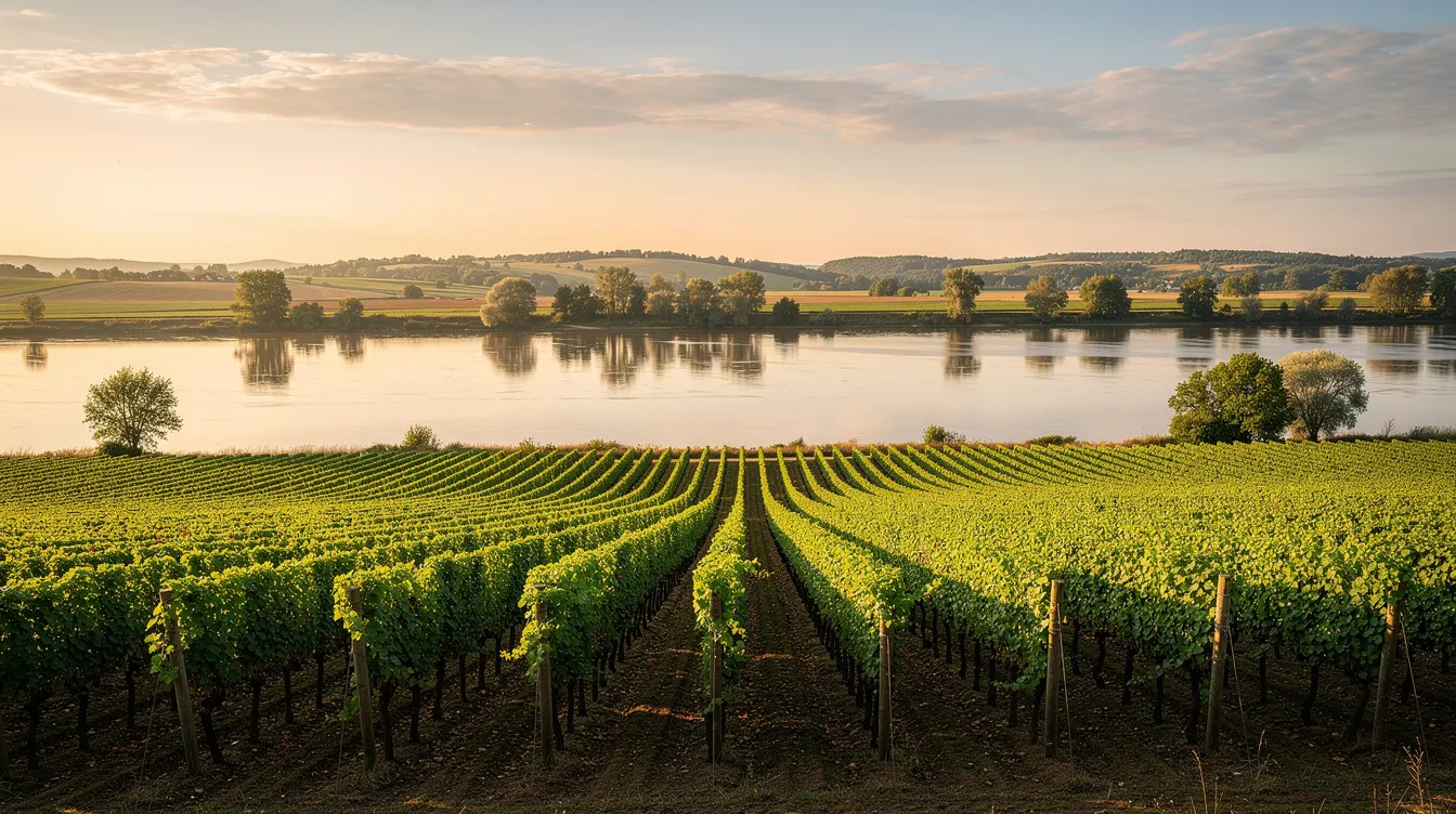 A serene vineyard landscape features neatly arranged rows of grapevines leading to a tranquil river, all under a warm afternoon sky, evoking the charm of wine country and the perfect setting for a memorable wine tasting experience. The lush greenery and gentle scenery create an inviting atmosphere for vineyard walks and wine tours.
