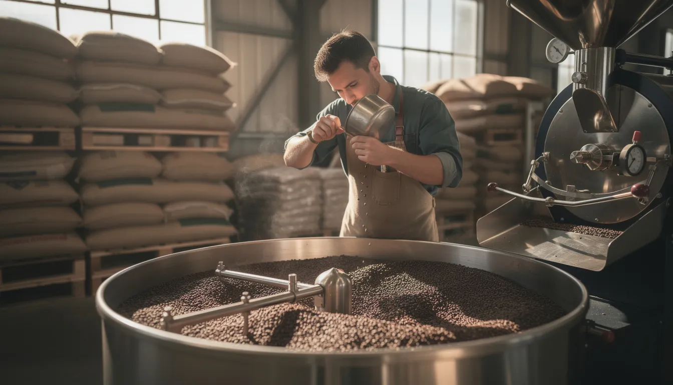 A coffee roaster inspects freshly roasted coffee beans in a spacious warehouse, surrounded by bags of quality coffee ready for sale. This scene highlights the meticulous process involved in the coffee business, emphasizing the importance of quality and customer satisfaction in the coffee market.
