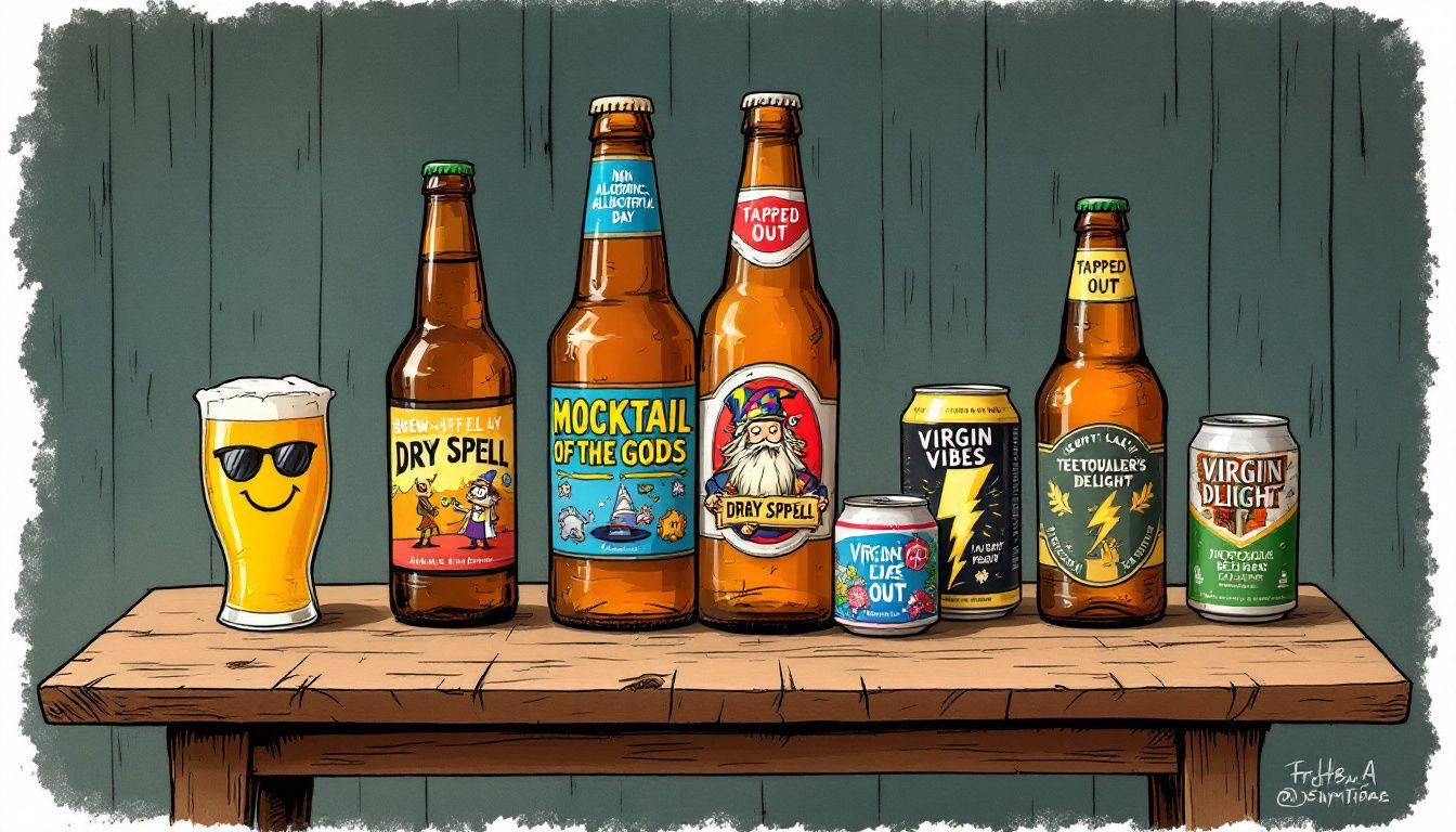 An assortment of non-alcoholic beers displayed on a wooden table.