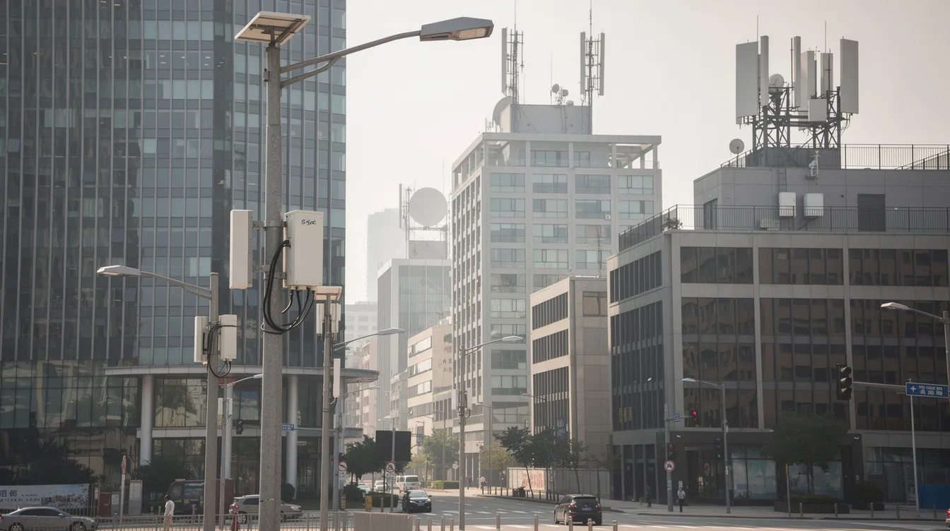 The image depicts a bustling city street lined with lamp posts featuring small cells and antennas, alongside tall buildings equipped with rooftop cellular technology. This urban scene illustrates the integration of small cell deployments into existing infrastructure to enhance mobile network coverage and capacity for users in dense urban areas.