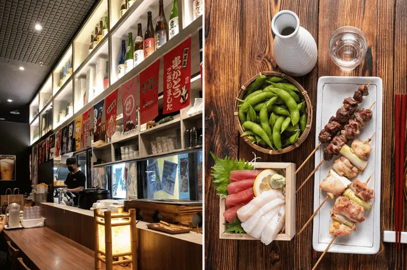 A split image showing a modern izakaya interior with a high, backlit shelf displaying numerous sake bottles and colorful banners on the left, next to an overhead shot of a wooden table laid out with edamame, assorted meat skewers, a small box of sashimi, and a white sake carafe on the right.
