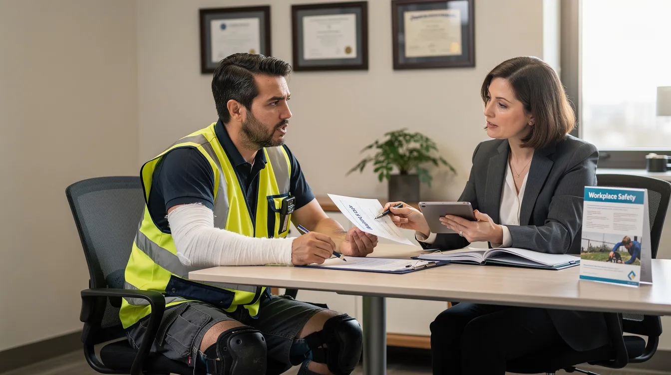 An injured worker is discussing their situation with a professional in an office, seeking guidance on their workers' compensation claim and how to recover compensation for medical expenses and lost wages due to a workplace injury. The setting suggests a serious conversation about navigating the workers' compensation system and potential personal injury options.