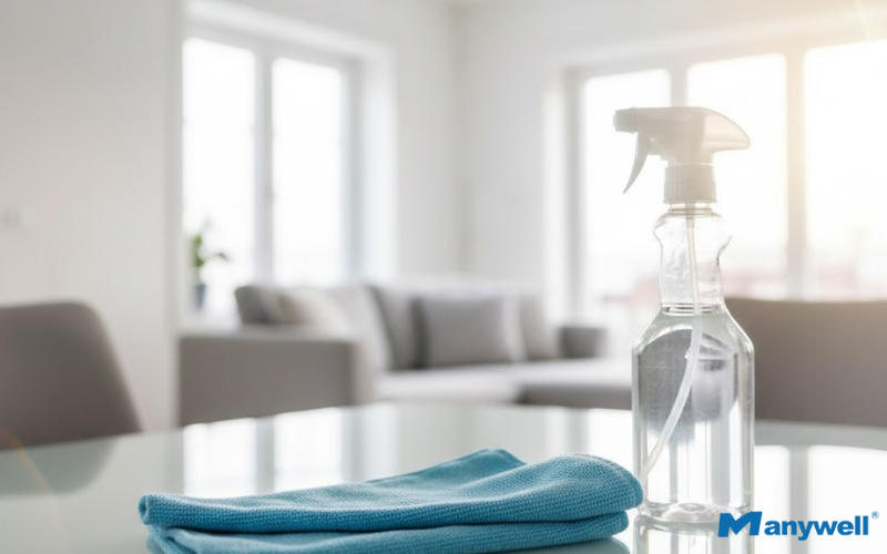 Microfiber cloth beside cleaning spray