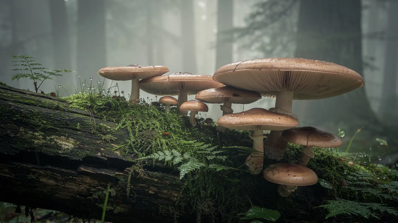 The image depicts large mushroom fruiting bodies emerging from a moss-covered log in a misty forest, showcasing various mushroom species that are often used in medicinal mushroom supplements for their potential health benefits, including support for immune function and brain health. The serene environment highlights the natural beauty of these functional fungi, which are valued in traditional medicine.