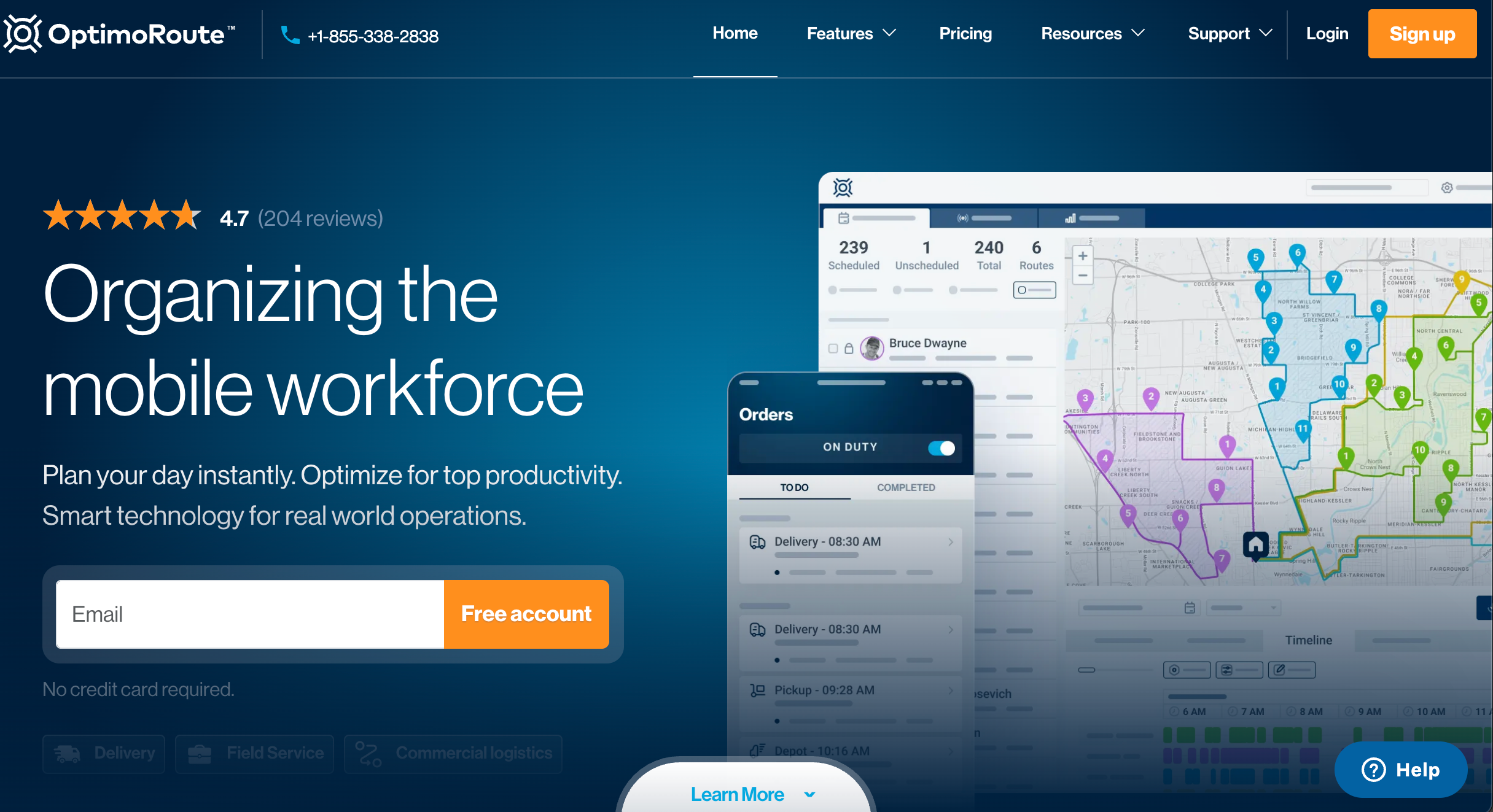 OptimoRoute homepage highlighting route optimization software