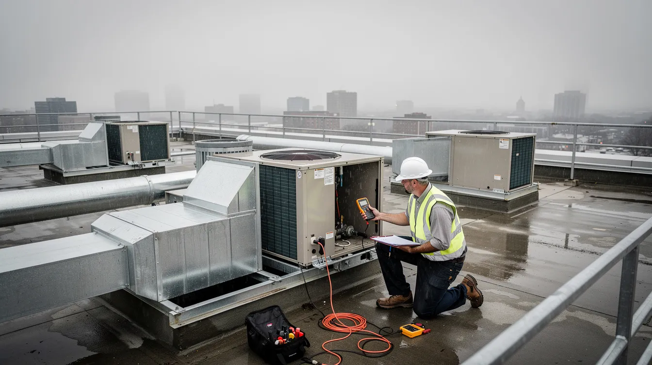 A maintenance technician inspects rooftop HVAC equipment on a cloudy day, ensuring the building's air conditioning systems are functioning properly as part of routine maintenance tasks. This proactive maintenance helps prevent unplanned downtime and ensures occupant safety in residential buildings.