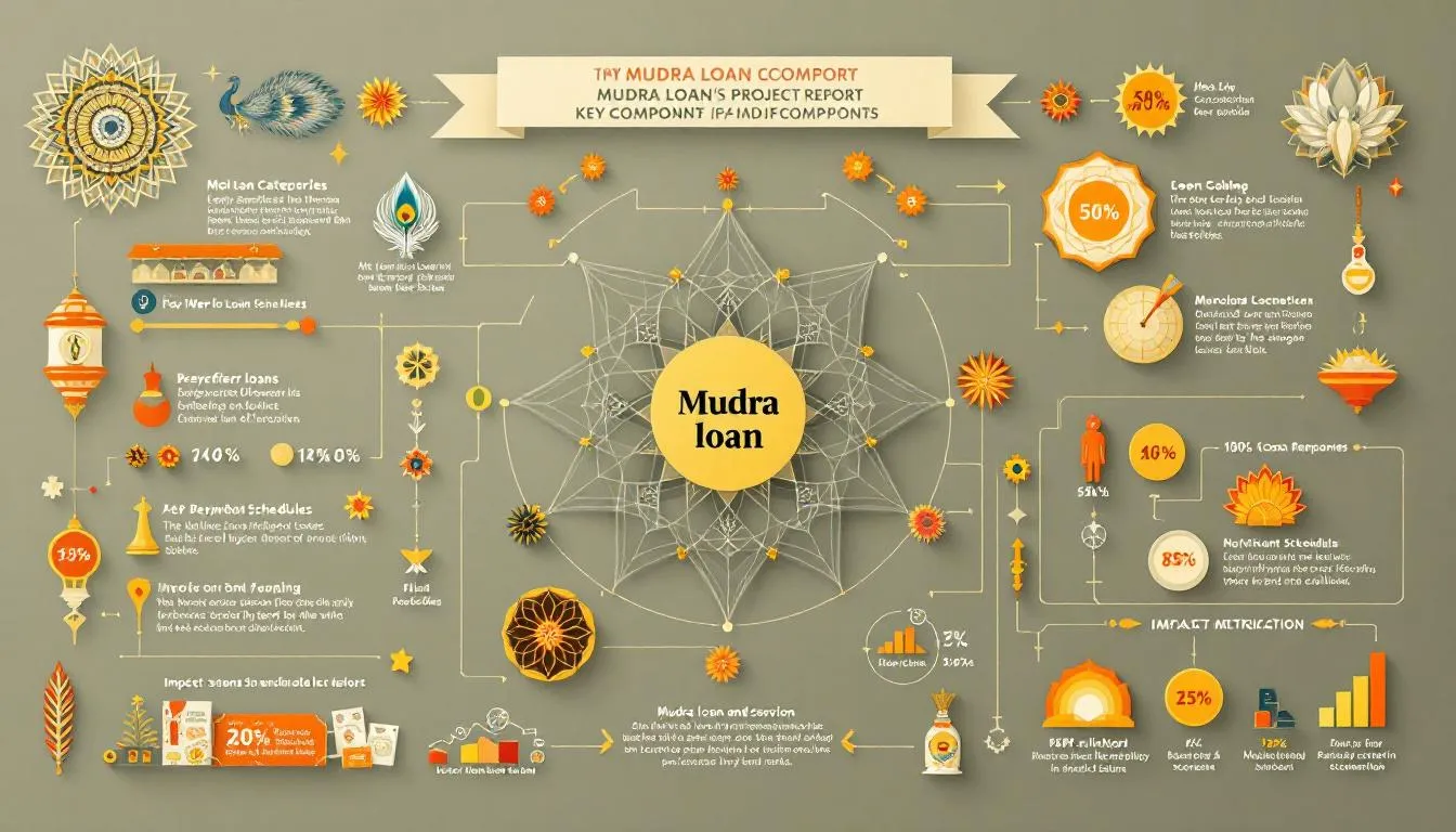 f18c0bea a2a2 4b61 aafc 625ab10770bc Key components of a Mudra loan project report illustrated with relevant icons.