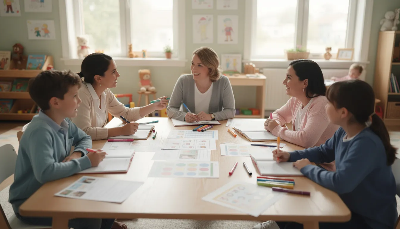 Na zdjęciu nauczyciele przedszkola siedzą przy stole, intensywnie planując roczny plan pracy przedszkola, przeglądając dokumenty dotyczące obszar&oacute;w działalności przedszkola oraz kierunk&oacute;w polityki oświatowej państwa. W tle widoczne są materiały edukacyjne, kt&oacute;re wspierają aktywność fizyczną uczni&oacute;w oraz zdrowie psychiczne dzieci.