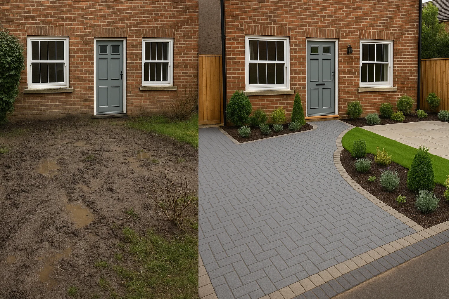 Before-and-after garden transformation showing groundwork preparation and finished landscape.