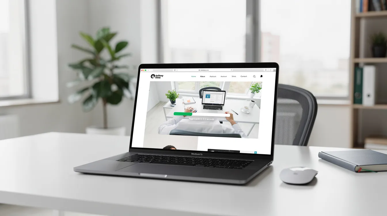 The image shows a sleek laptop on a tidy desk, displaying a fast-loading website in a bright, modern office environment. This setup highlights the importance of efficient web hosting services for optimal website performance and user experience.