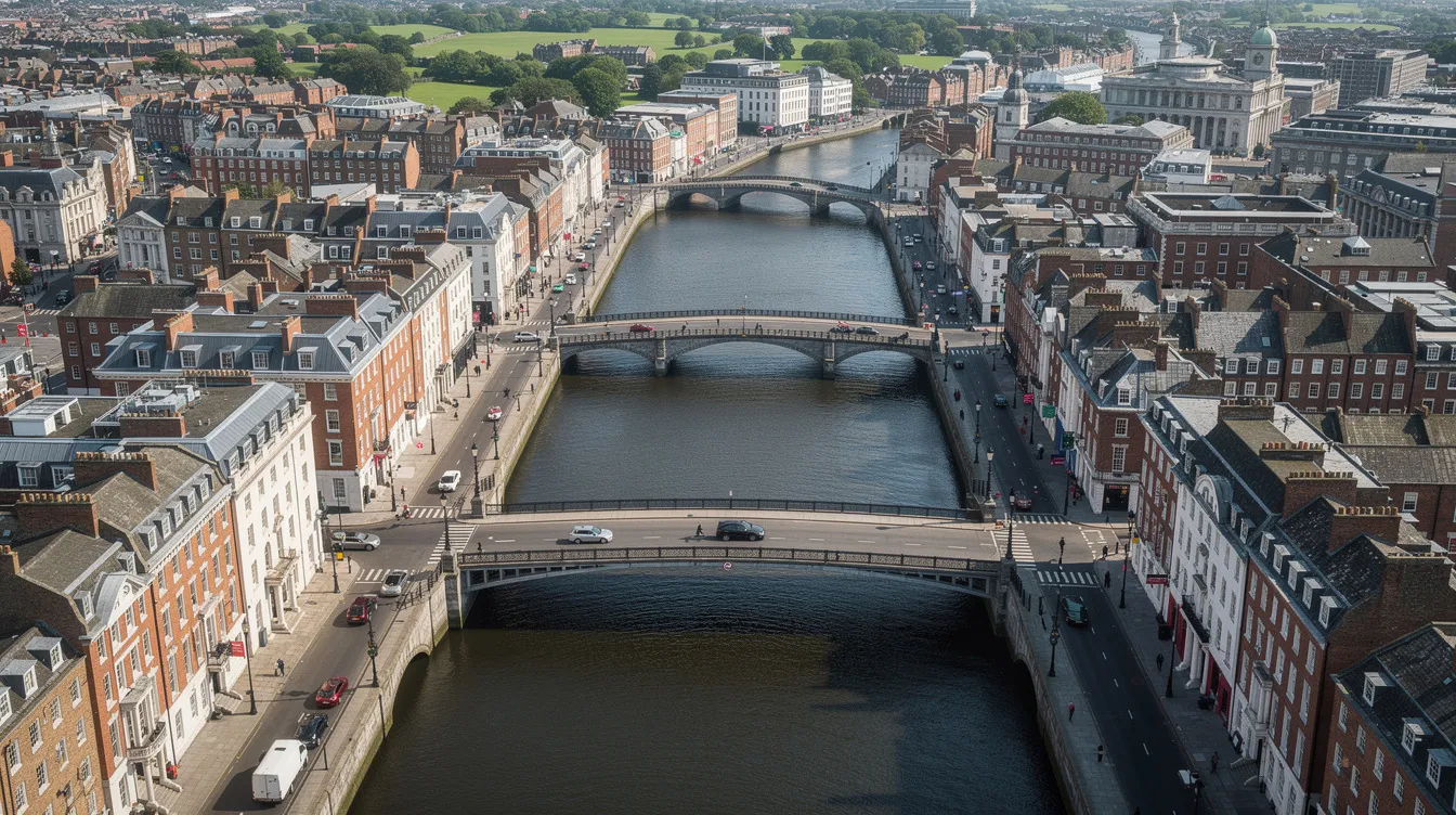 An aerial view of Dublin city centre showcases the River Liffey winding through the landscape, surrounded by elegant Georgian buildings. This vibrant city is home to some of the best schools in Ireland, including prestigious institutions like Trinity College and the Royal College, offering a diverse range of educational opportunities for students.