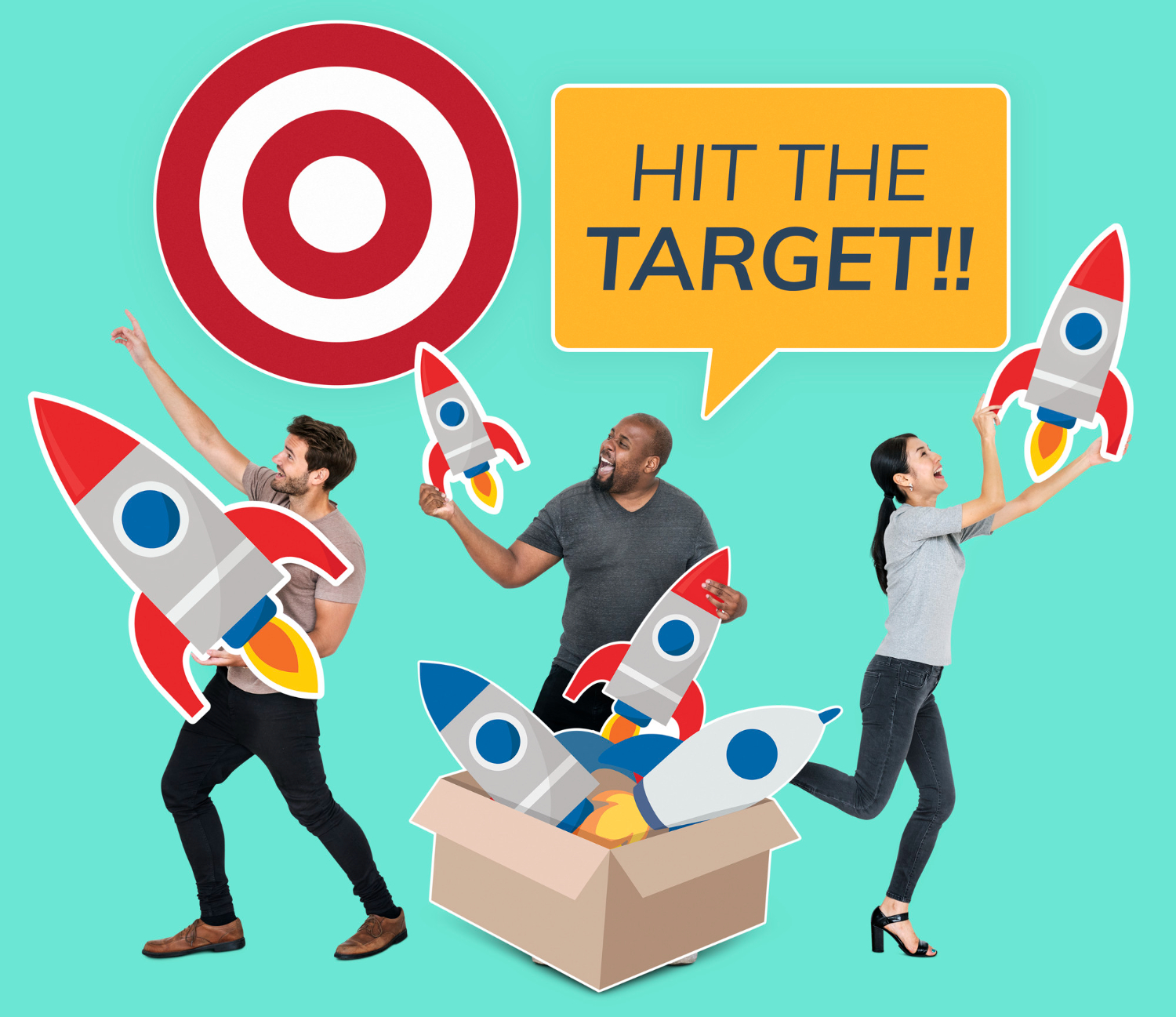 Free photo group of diverse people with rockets and target