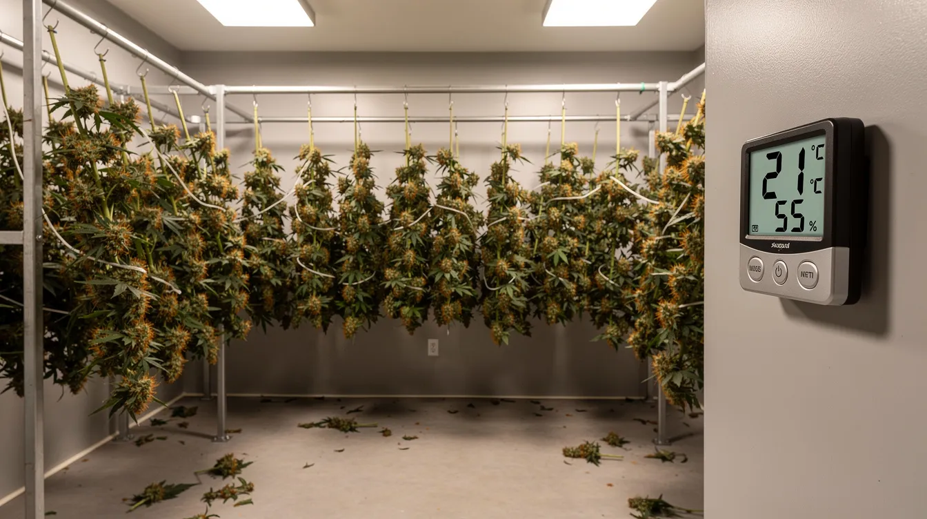 Im Bild ist ein Trockenraum zu sehen, in dem Cannabispflanzen zum Trocknen aufgehängt sind. Ein Hygrometer misst die Luftfeuchtigkeit, um die optimale Lagerung der cannabis blüten zu gewährleisten und Schimmelbildung zu verhindern.