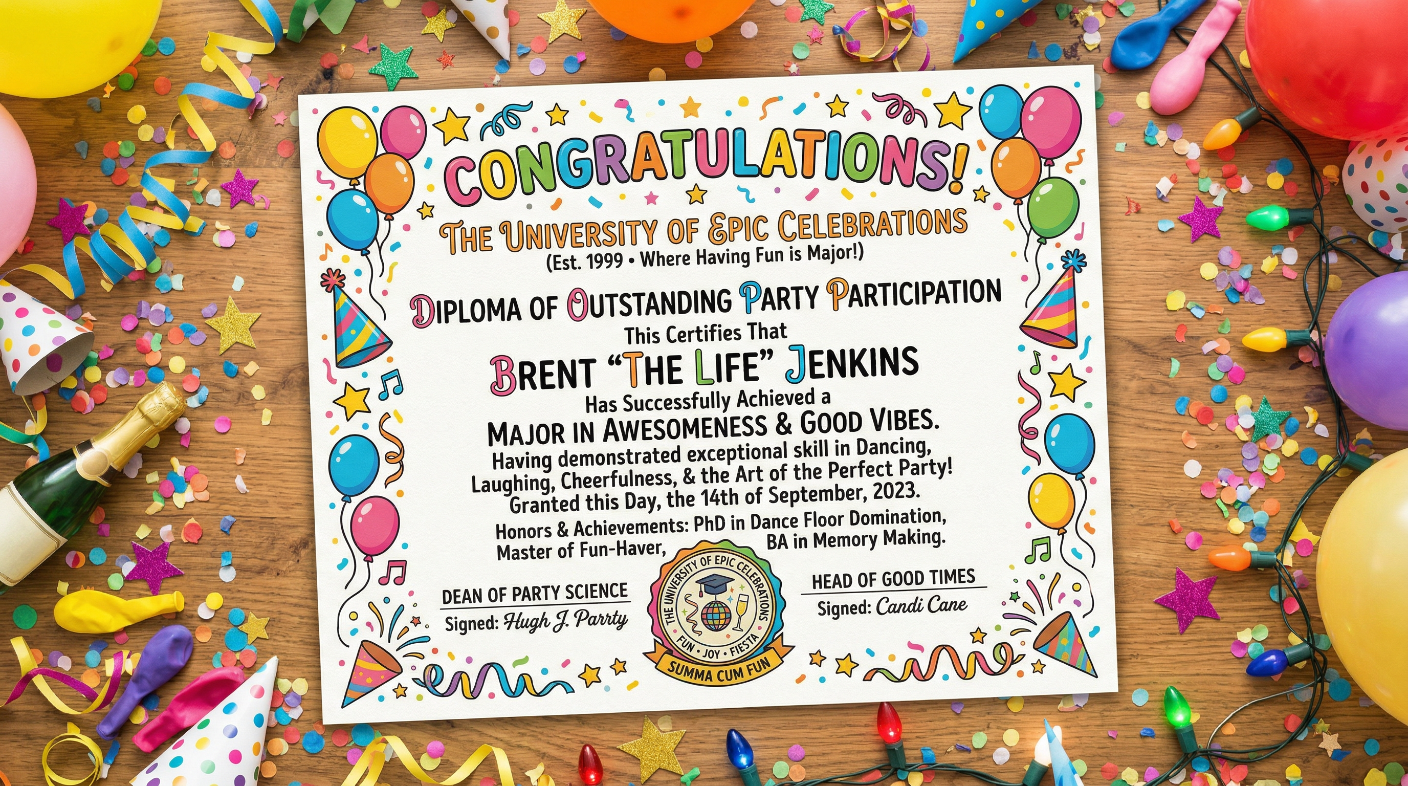Example of a humorous novelty diploma from Phony Diploma featuring a fun and colorful design perfect for party use