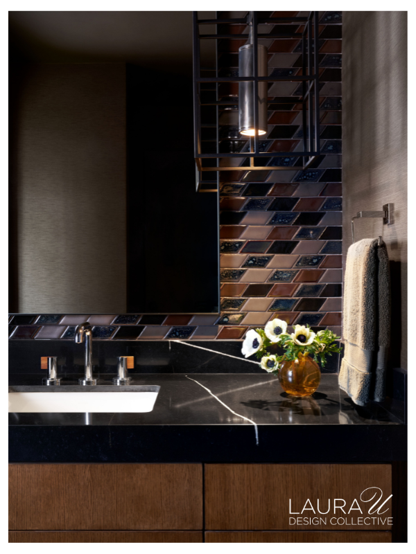 A dark and moody powder bath in our River Oaks Modern project; find samples of this vinyl wallcovering online