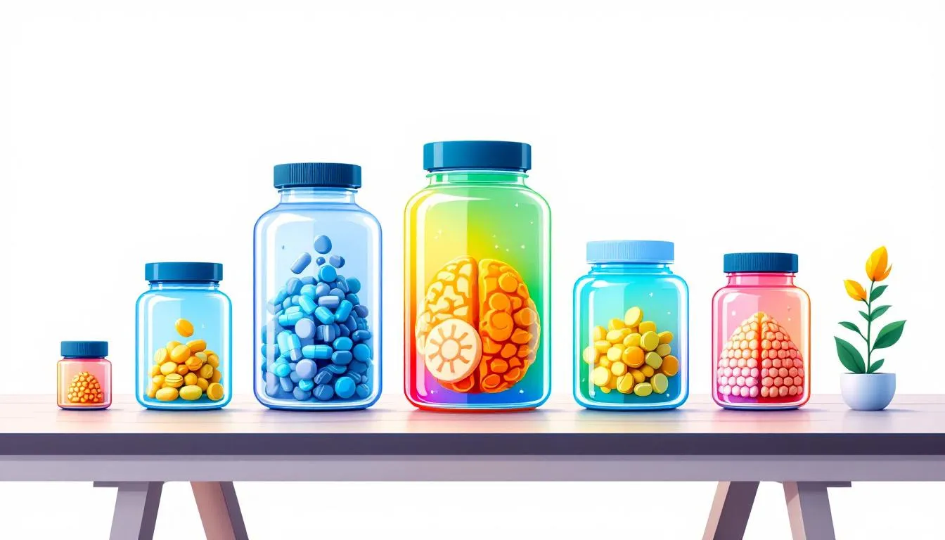 An assortment of brain supplements displayed on a table.