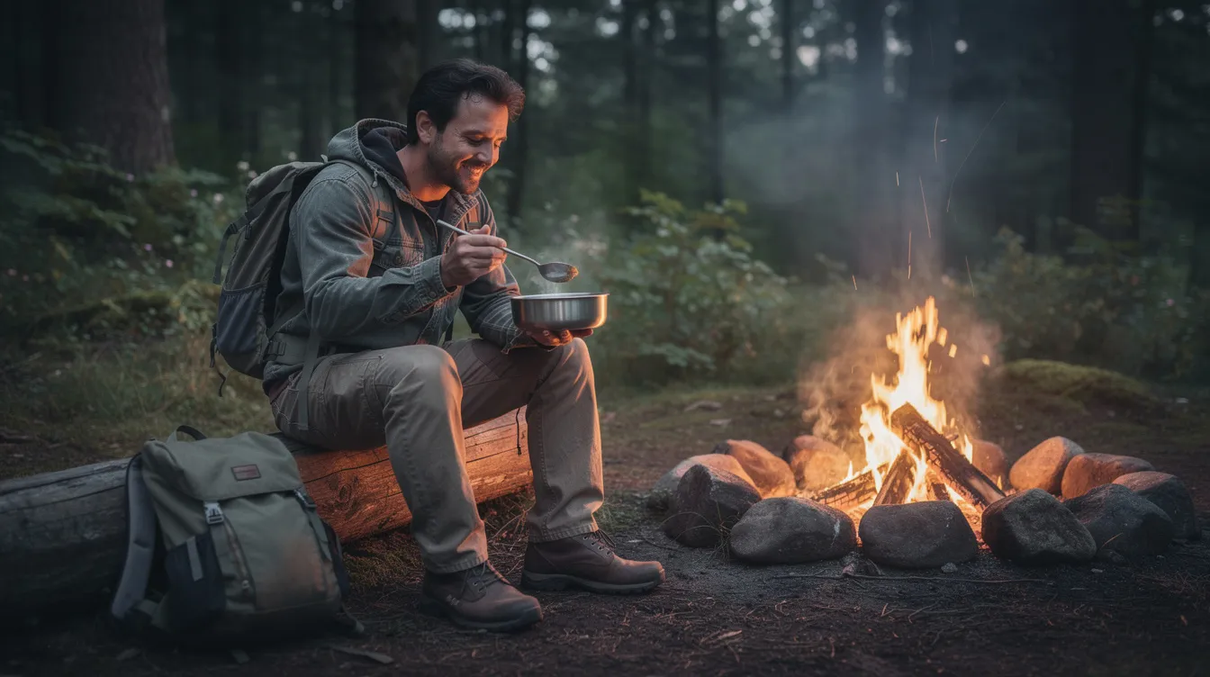A hiker is sitting on a log enjoying a meal from a polished metal bowl, using a long-handled titanium spoon, while a warm campfire crackles in the background. This scene captures the essence of camp cooking and the convenience of lightweight camping utensils in the great outdoors.
