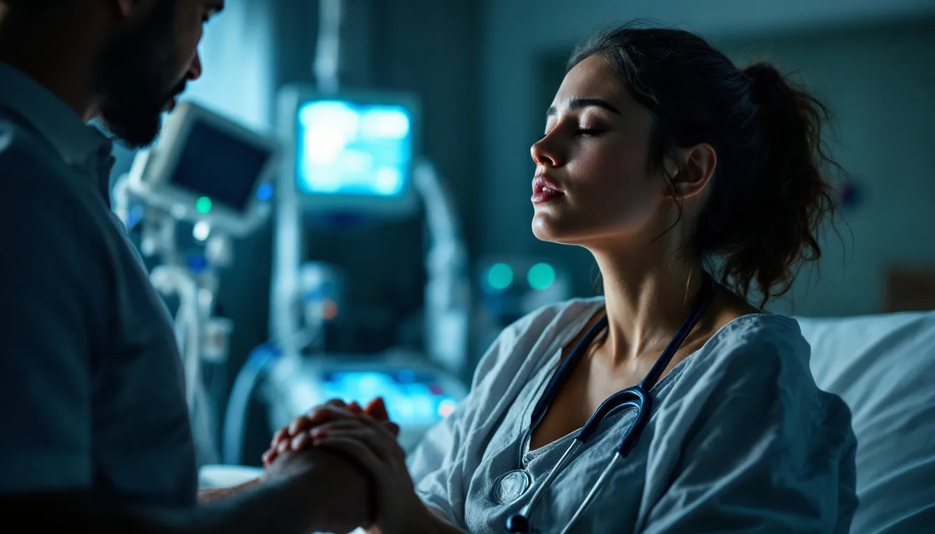 A woman in a hospital setting is experiencing contractions, indicating that she is going into labor. Her partner is by her side, ready to support her during this important time, as they prepare to welcome their new baby.