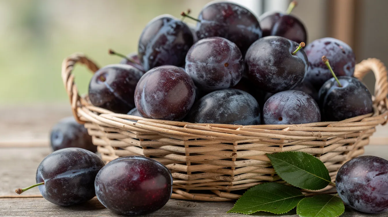 Ein geflochtener Korb ist gefüllt mit frisch geernteten, dunkelvioletten Zwetschgen, die einen sichtbaren weißlichen Wachsbelag aufweisen. Diese Steinfrüchte sind eine beliebte Sorte aus der Pflaumenfamilie und eignen sich hervorragend für Kuchen oder Pflaumenmus.