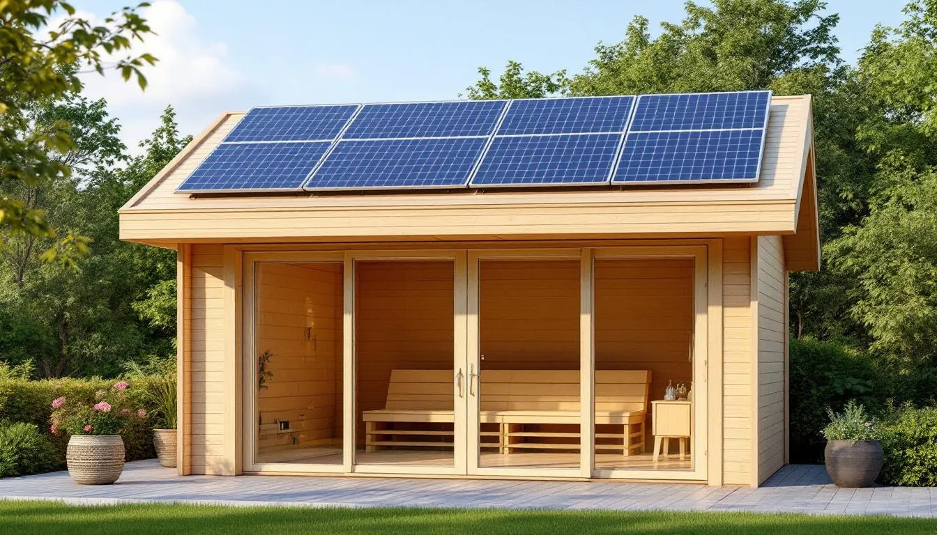 Solar panels installed on an outdoor sauna.