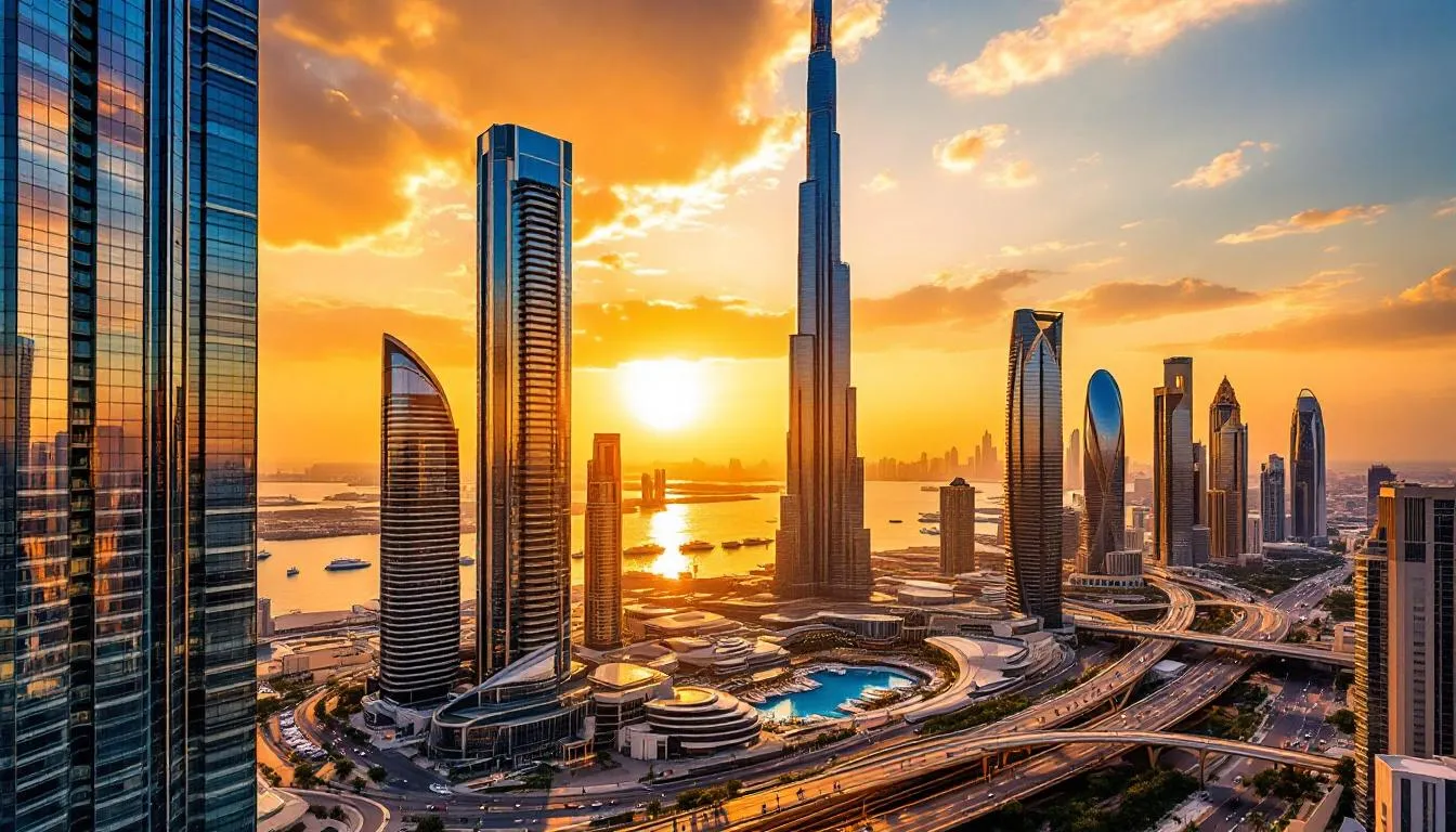 The image depicts the modern skyline of Dubai, highlighting its iconic skyscrapers and vibrant business-friendly environment, ideal for LLC company formation and attracting foreign investors. The scene reflects the UAE's economic development and strategic location, showcasing the city's appeal for various business activities and structures.
